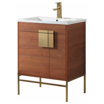 Modern Wallnut Bathroom Vanity Set, Satin Brass Hardware, Vireous China Sink Top