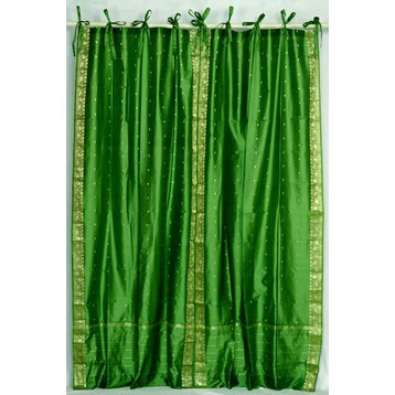 Forest Green  Tie Top  Sheer Sari Curtain / Drape / Panel   - 43W x 63L - Pair