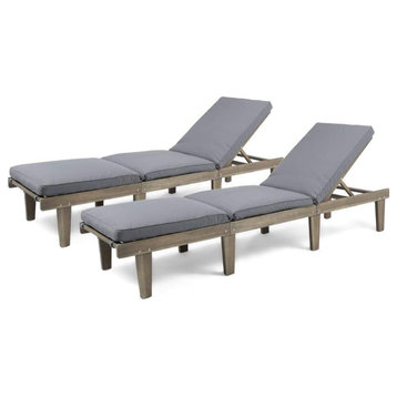 Set of 2 Lounge Chair, Acacia Wood Frame With Water Resistant Dark Grey Cushion