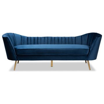 Kailyn Glam And Luxe Navy Blue Velvet Fabric Upholstered And Gold Finished Sofa