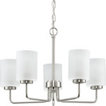 Progress Lighting - Merry 5-Light Etched Glass Brushed Nickel Transitional Chandelier Light - Incorporate a clean, contemporary design with the Merry Collection 5-Light Etched Glass Brushed Nickel Transitional Chandelier Light. Light sources glow from within crisp etched glass shades for a generous elegant glow sure to transform your favorite living space into a modern retreat. The clean-lined tubular frame is coated in a beautiful brushed nickel finish that perfectly blends transitional and modern character. For ideal illumination, use 5 medium base bulbs that are sold separately (100w max - LED/CFL/incandescent). The chandelier is compatible with dimmable bulbs. The chandelier's contemporary design is ideal for any foyer, dining room, kitchen, bedroom, or living room in modern and transitional style settings. It's time to breathe new life into the mundane every day with timeless and truly transformative lighting. Make your purchase today to begin your journey to a whole new lighting experience. Progress Lighting products are designed for exceptional quality, reliability, and functionality.
