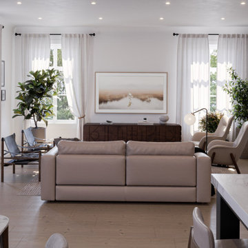 Warm and cozy living room, kitchen, and dining area