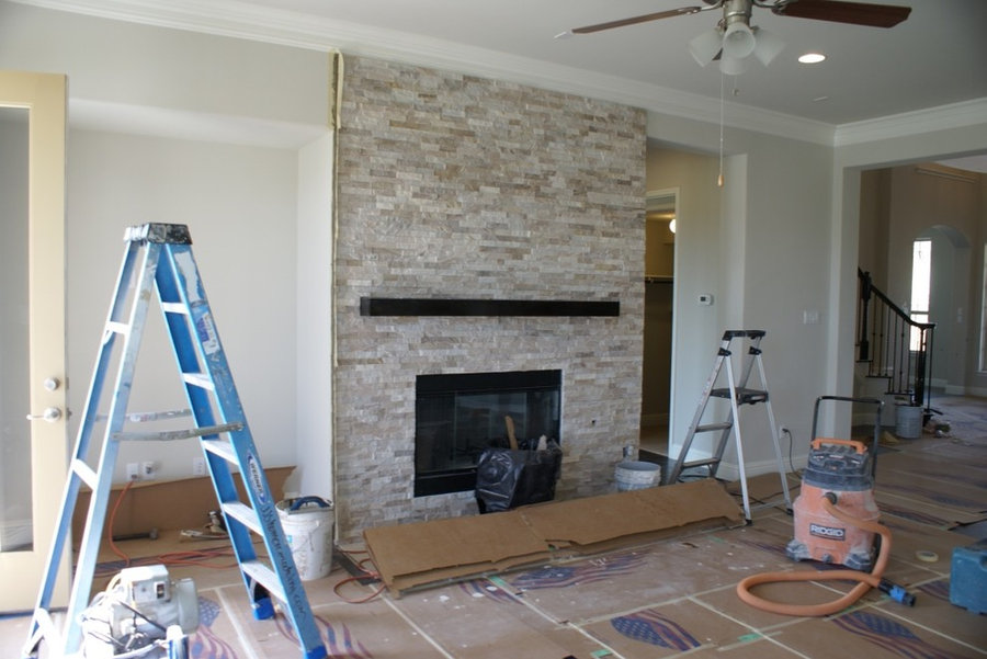 Glass tile, Engineered wood and stacked stone