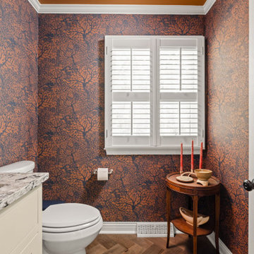 Bold Powder Bath with Floral Wallpaper & Painted Ceiling