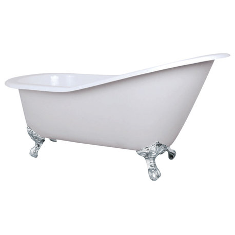 61" Cast Iron Single Slipper Clawfoot Tub (No Faucet Drillings), White/Chrome