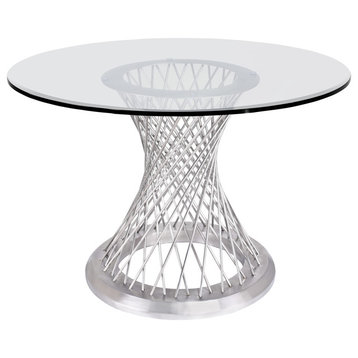 Gale Dining Table, Brushed Stainless Steel With Clear Tempered Glass Top