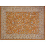 Bareens Designer Rugs - Oriental Ziegler Schaeffe Orange Ivory Hand-Knotted Wool Rug - 9'9'' x 13'7'' - Enhance the ambiance of your home with this magnificent Persian-influenced Turkish hand-knotted rug made by skilled artisans capable of creating the most exceptional vegetable dyes and hand-spun wool. This exquisite handmade rug is a one-of-a-kind Peshawar Kafkaz, otherwise identified as Chobi, Chobi Peshawar, Oushak, or Ziegler rug. These handmade rugs are crafted in Pakistan utilizing superior-quality wool imported from Australia, New Zealand, and Korea in two types of weaves: the Persian weave and the Mori weave. This rug is meticulously crafted by hand using the finest natural vegetable dyes extracted from local plants. The artisans use a blend of hand-spun local and fine merino wool, resulting in a rug with a compelling texture, higher lanolin content, and longer staple. The artisans occasionally incorporate natural or artificial silk into the pile to enhance specific motifs. The finished product is an awe-inspiring execution of flawless design and an understated palette that exudes elegance.