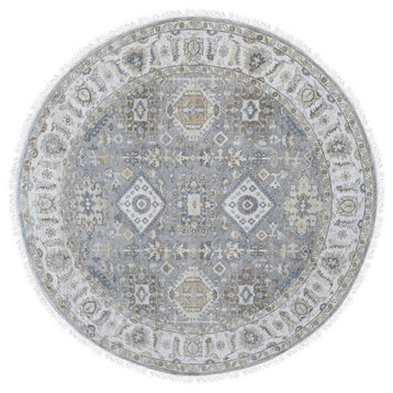 Gray and Ivory, Hand Knotted Karajeh Design, Soft Wool Round Rug, 7'0"x7'0"