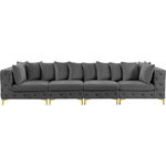 Meridian Furniture - Tremblay Velvet Upholstered 4-Piece Modular Sofa, Grey - Lean back and relax on this Tremblay sofa. Featuring soft grey velvet upholstery with deep button tufting, this sofa adds a bold touch to any living space. A complete set of gold and chrome legs are included, so you can change it up to suit your home decor. This sofa is modular, so you can create infinite configurations with it, which are easily attached using the latch underneath the frame. Its contemporary design is perfect for the modern home.
