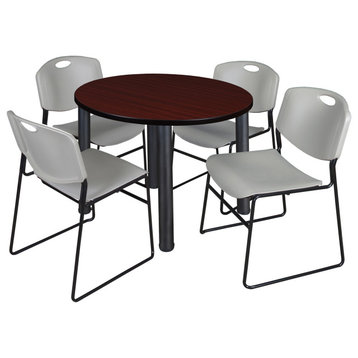 Kee 36" Round Breakroom Table- Mahogany/ Black & 4 Zeng Stack Chairs- Grey