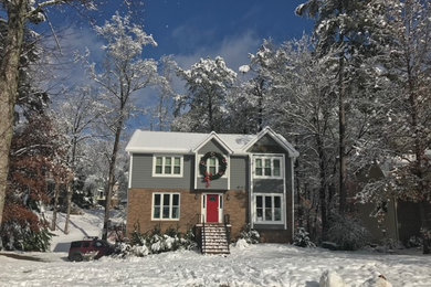 Mid-sized arts and crafts gray three-story concrete fiberboard exterior home photo in Atlanta