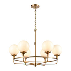 Beverly Hills 6-Light Chandelier In Satin Brass With White Feathered Glass