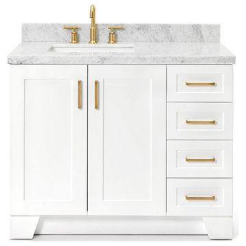 Ariel Taylor 43" Left Rectangle Sink Bath Vanity, White, 1.5" Carrara Marble