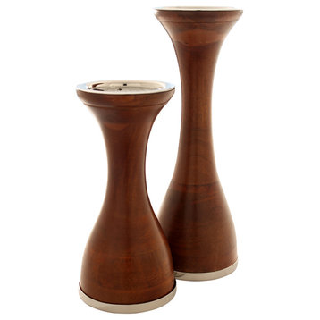 Modernist Wood Pillar Candle Holders NINA, Wood with Nickel Accents, Set of 2