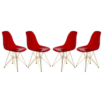 Cresco Molded Eiffel Side Chair, Gold Base, Set of 4, Transparent Red, CR19TRG4