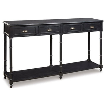 Vintage Console Table, Turned Legs & 4 Drawers With Inverted Cup Pulls, Black