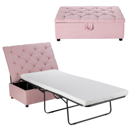 Costway Folding Ottoman Sleeper Bed with Mattress Convertible Guest Bed Pink