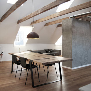 オーフスの中サイズのインダストリアルスタイルのLDKの画像 (白い壁、無垢フローリング)