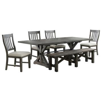 Trestle 6Pc 96" Rectangle Extendable Dining Table Set with Bench in Gray Wood