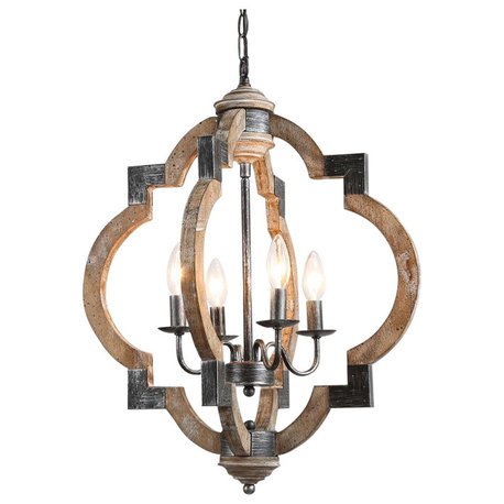 LNC Clover 4-Light Farmhouse Black Distressed Wood Globe Diammable Chandelier