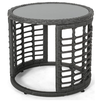 Anne Indoor Modern Boho Wicker Side Table With Tempered Glass Top, Gray