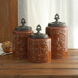 Antique Fleur De Lis Brown Canister Set - Kitchen Canisters And Jars