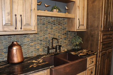 Kitchen - mid-sized rustic single-wall porcelain tile and brown floor kitchen idea in Other with a double-bowl sink, raised-panel cabinets, granite countertops, multicolored backsplash, slate backsplash, black countertops and light wood cabinets