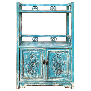 Chinese Distressed Pastel Blue Open Top Display Cabinet Side Table Hcs7505