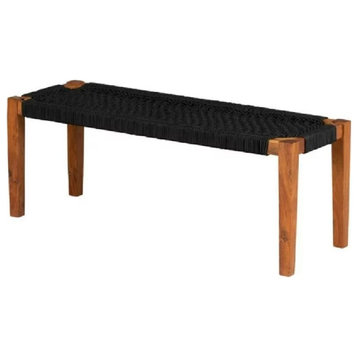 Bohemian Accent Bench, Sturdy Acacia Frame With Woven Rope Seat, Black/Natural