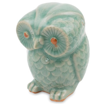 Little Blue Owl Celadon Ceramic Figurine