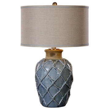 Cottage Blue Rope Weave Ceramic Table Lamp, Coastal Rustic Light Elegant