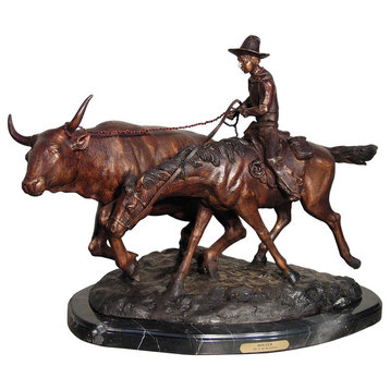 Remington Design, "Cowboy And Steer" Bronze Sculpture With Marble Base