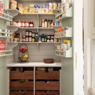 Small farmhouse kitchen pantry photos - Small country single-wall light wood floor and brown floor kitchen pantry photo in Raleigh with recessed-panel cabinets, green cabinets, marble countertops, beige backsplash, wood backsplash, an island and white countertops