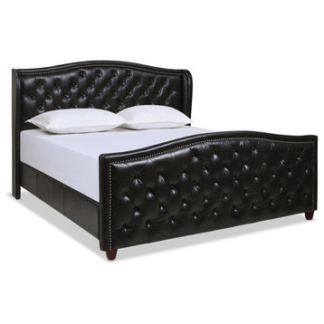 Marcella Upholstered Tufted Shelter Wingback Panel Bed, Vintage Black Brown Faux Leather, King