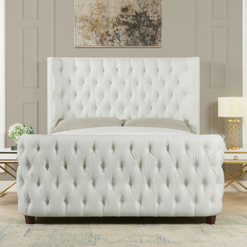 Brooklyn Tufted Wingback Shelter Panel Bed, Antique White Polyester, Queen