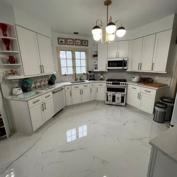 White Shaker Kitchen Remodel with Marble-Look Porcelain Floor in Arlington, VA