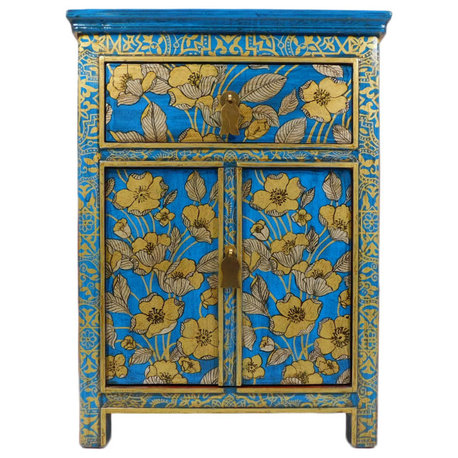 Tibetan Cabinet Hand Painted, Gold Floral Motif