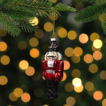 5" Red and Black Nutcracker Hanging Glass Christmas Ornament
