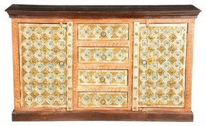 Turkish Handcrafted Brass Inlay Mango Wood 4 Drawer Large Sideboard