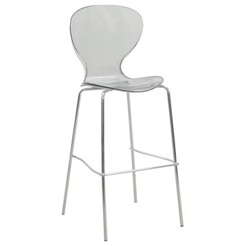 LeisureMod Oyster Acrylic Barstool With Steel Frame in Chrome Finish, Smoke