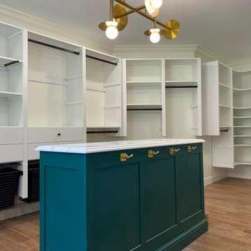 Owners Walk-In Closet in Allentown with Center Island, Rounded Corner Shelving