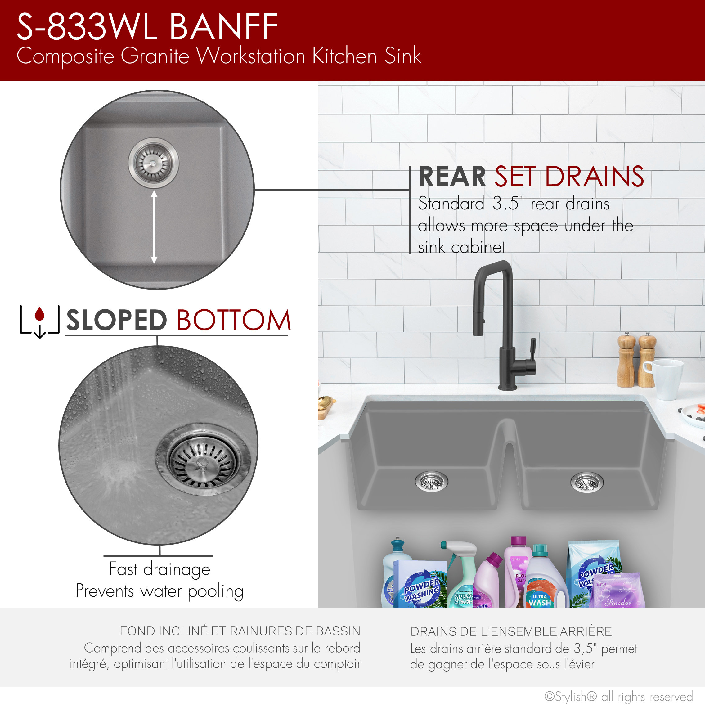 33" Dual Mount Workstation Double Bowl Gray Granite Kitchen Sink