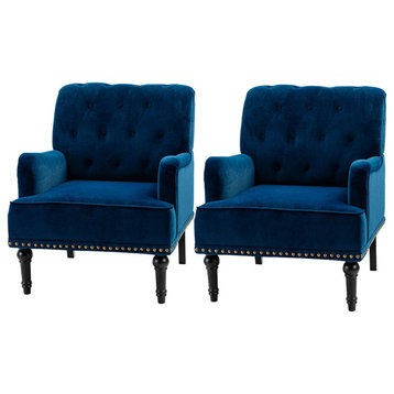 Upholstered Tufted Comfy Accent Armchair With Nailhead Trim Set of 2, Navy