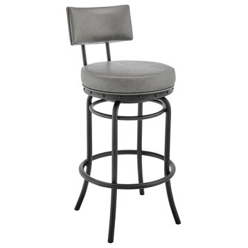 Rees Swivel Counter or Bar Stool in Black Finish and Grey Faux Leather