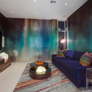 Inspiration for a large contemporary enclosed home cinema in Los Angeles with travertine flooring, a wall mounted tv and multi-coloured walls.