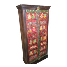 Mogulinterior - Consigned Antique Wardrobe Hand painted Ganesha Bohemian Cabinet Armoire - Armoires and Wardrobes