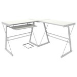 Ryan Rove - Ryan Rove Madison 3-Piece Corner L-Shaped Computer Desk in White - This contemporary white desk offers a sleek, modern design crafted from durable steel and thick, tempered safety glass. The L-shape provides a corner wedge for space-saving needs with a look that is both attractive and simple.  Includes a universal, autonomous CPU stand and a sliding keyboard tray. It's flexible configuration allows the keyboard tray to be mounted on either side of the desk to fit your specific needs. This desk is a complimentary piece and is the perfect addition to any home office.