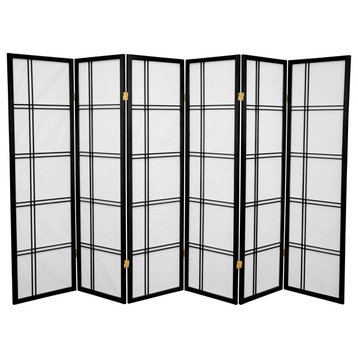 6 Panels Room Divider, Spruce Wood Frame & Double Cross Lattice Accents, Black