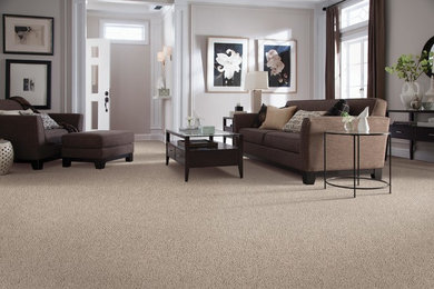 Inspiration for a mid-sized transitional open concept carpeted and brown floor family room remodel in San Francisco with white walls