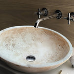 Villohome - Troia Light Travertine Stone Oval Vessel Sink Polished, (W)16" (L)21" (H)6" - Troia Light Travertine Natural Stone Oval Vessel Sink Polished (W)16" (L)21" (H)6" comes in light beige color with beautiful veining and it is hand-carved in Turkey and suitable for over-countertop installation.